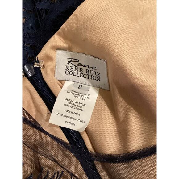 Rene Ruiz illusion Lace Mesh Evening sheath Knee short sleeve Dress Navy Blue 8 - Picture 11 of 14